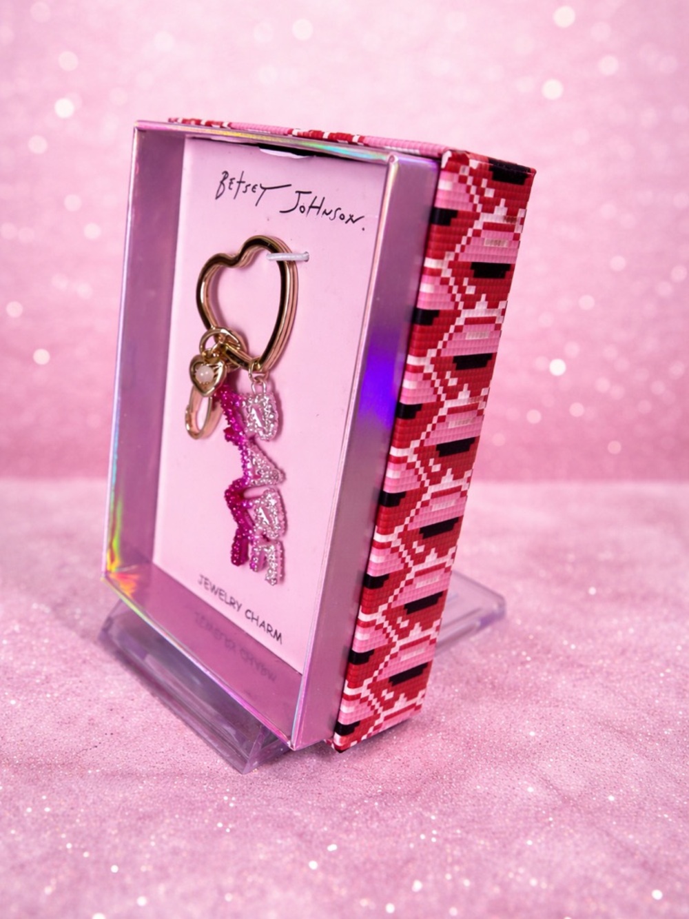 Betsey Johnson "Babe" bag charm, pink, white rhinestones and a gold-tone chain - Picture 3 of 3